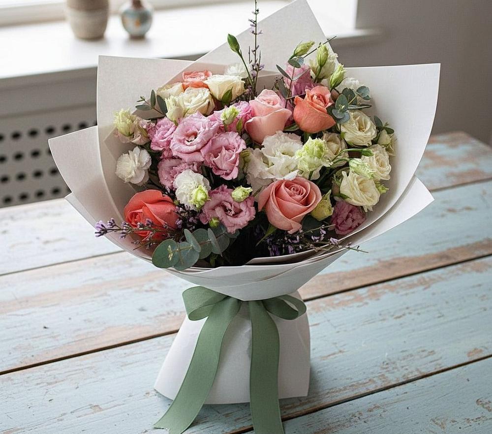 Букет цветов из: Розы, Лизиантусы и Гвоздики в Старые Атаги