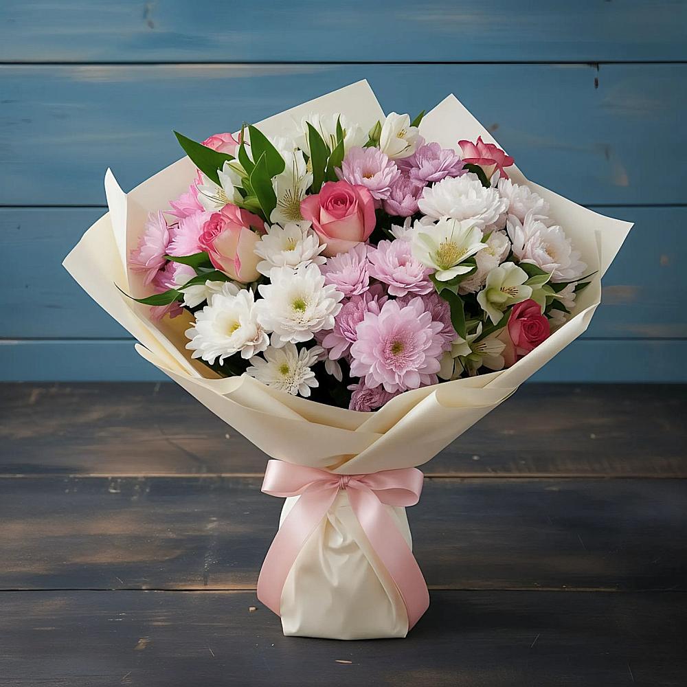 Букет цветов из: Хризантемы, Альстромерии и Розы в Старые Атаги